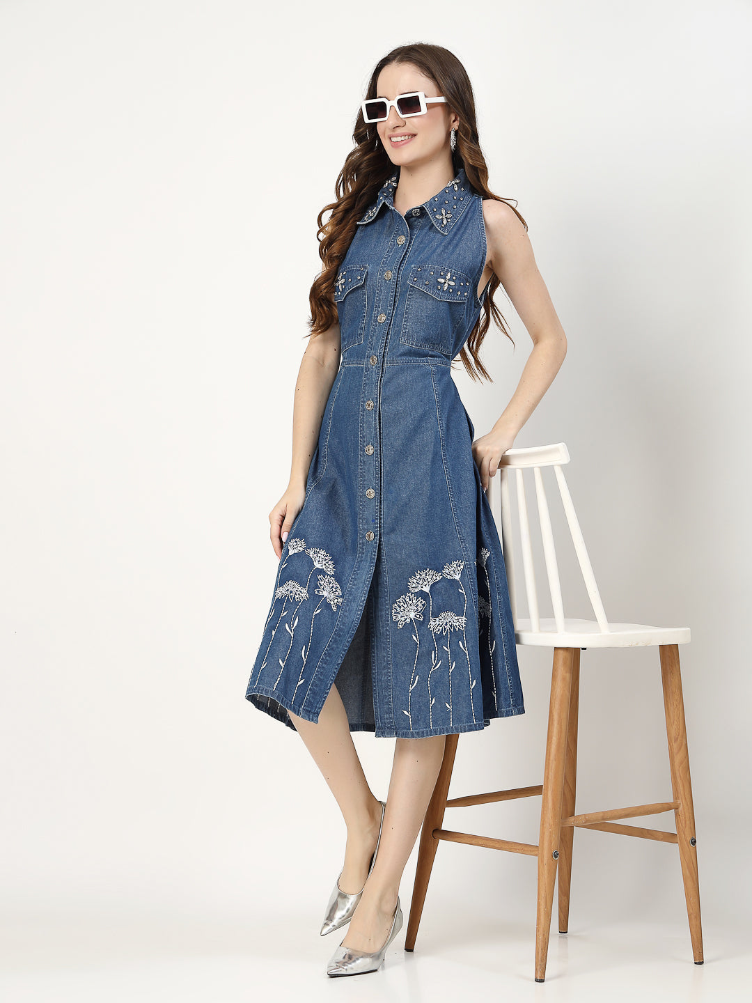 Embroidered Halter Neck Denim Shirt Dress - Cosmic Trio