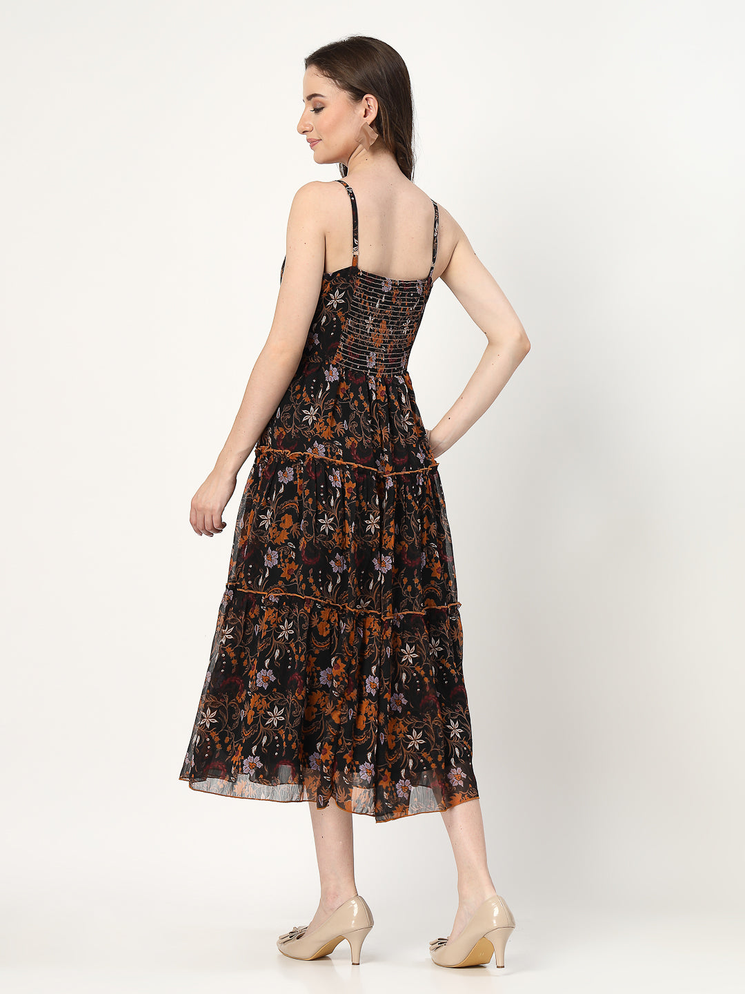 Women Tiered Black Printed Dress - Cosmic Trio