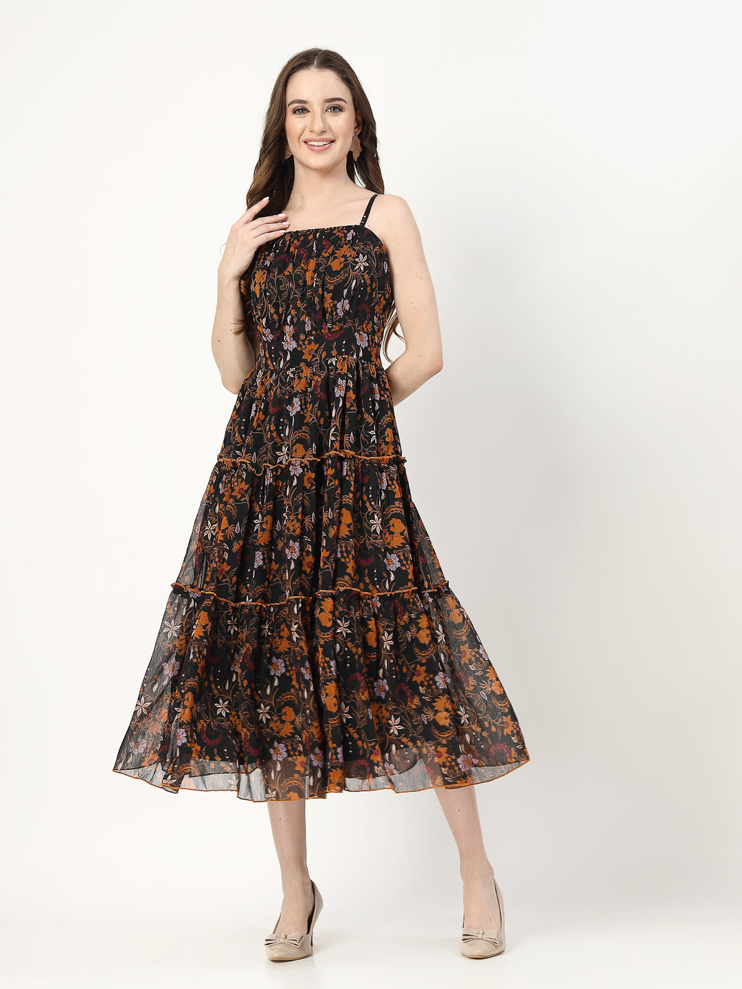 Women Tiered Black Printed Dress - Cosmic Trio
