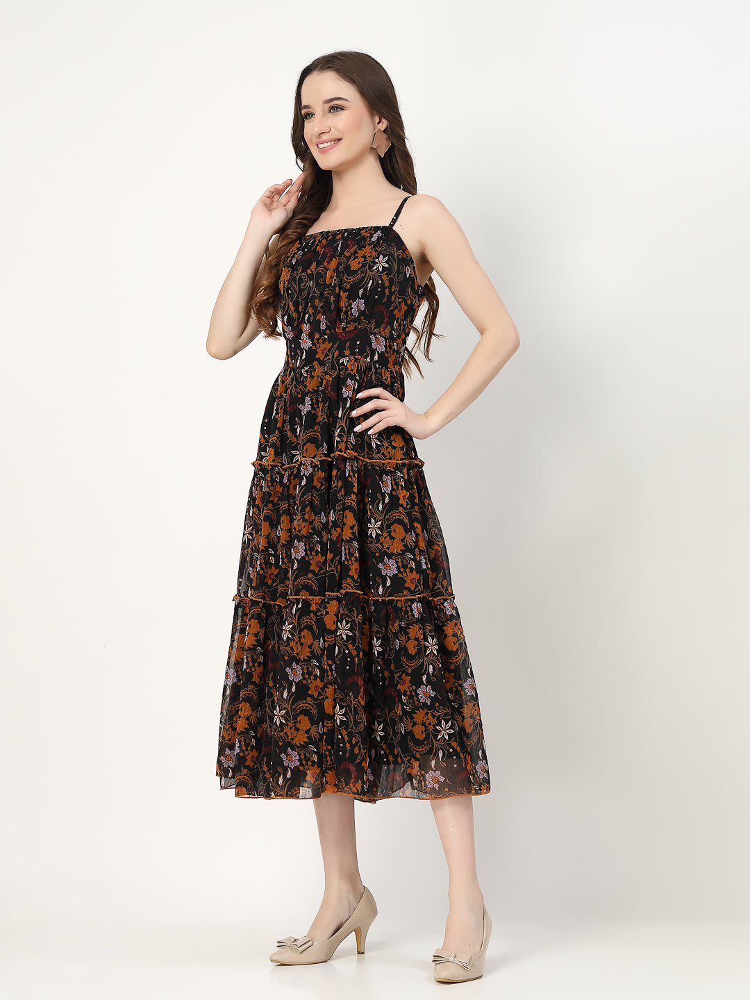 Women Tiered Black Printed Dress - Cosmic Trio
