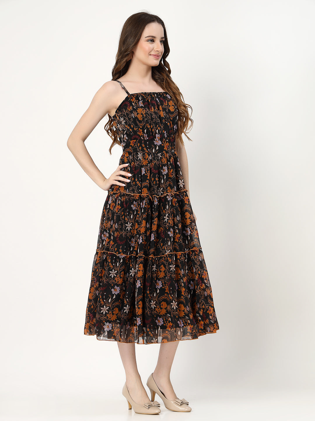 Women Tiered Black Printed Dress - Cosmic Trio