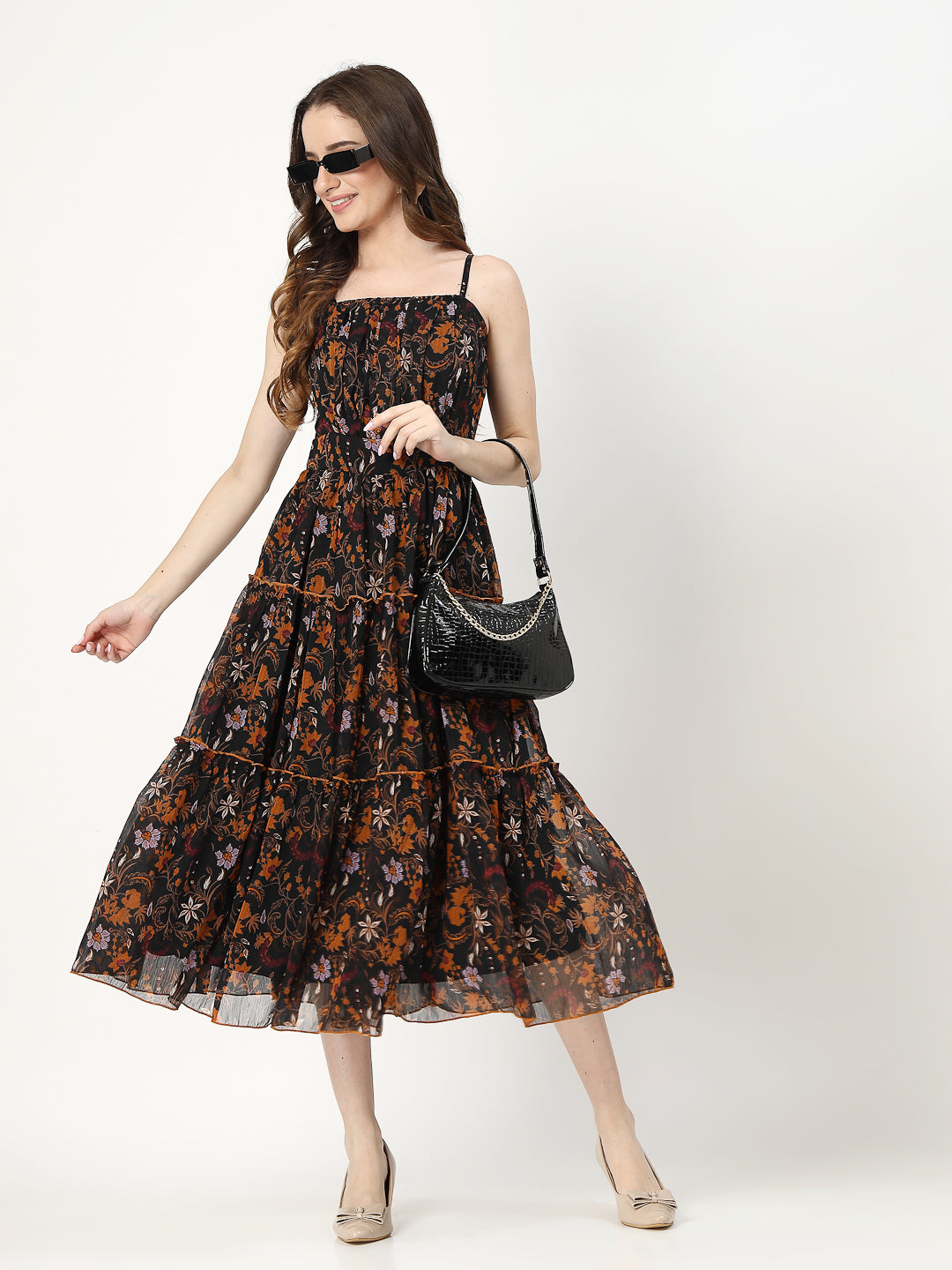 Women Tiered Black Printed Dress - Cosmic Trio
