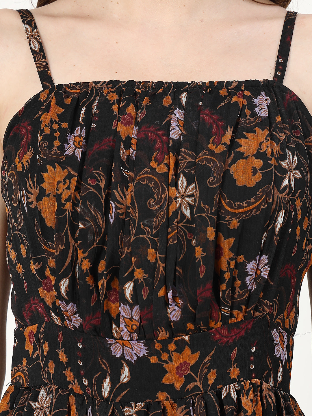 Women Tiered Black Printed Dress - Cosmic Trio