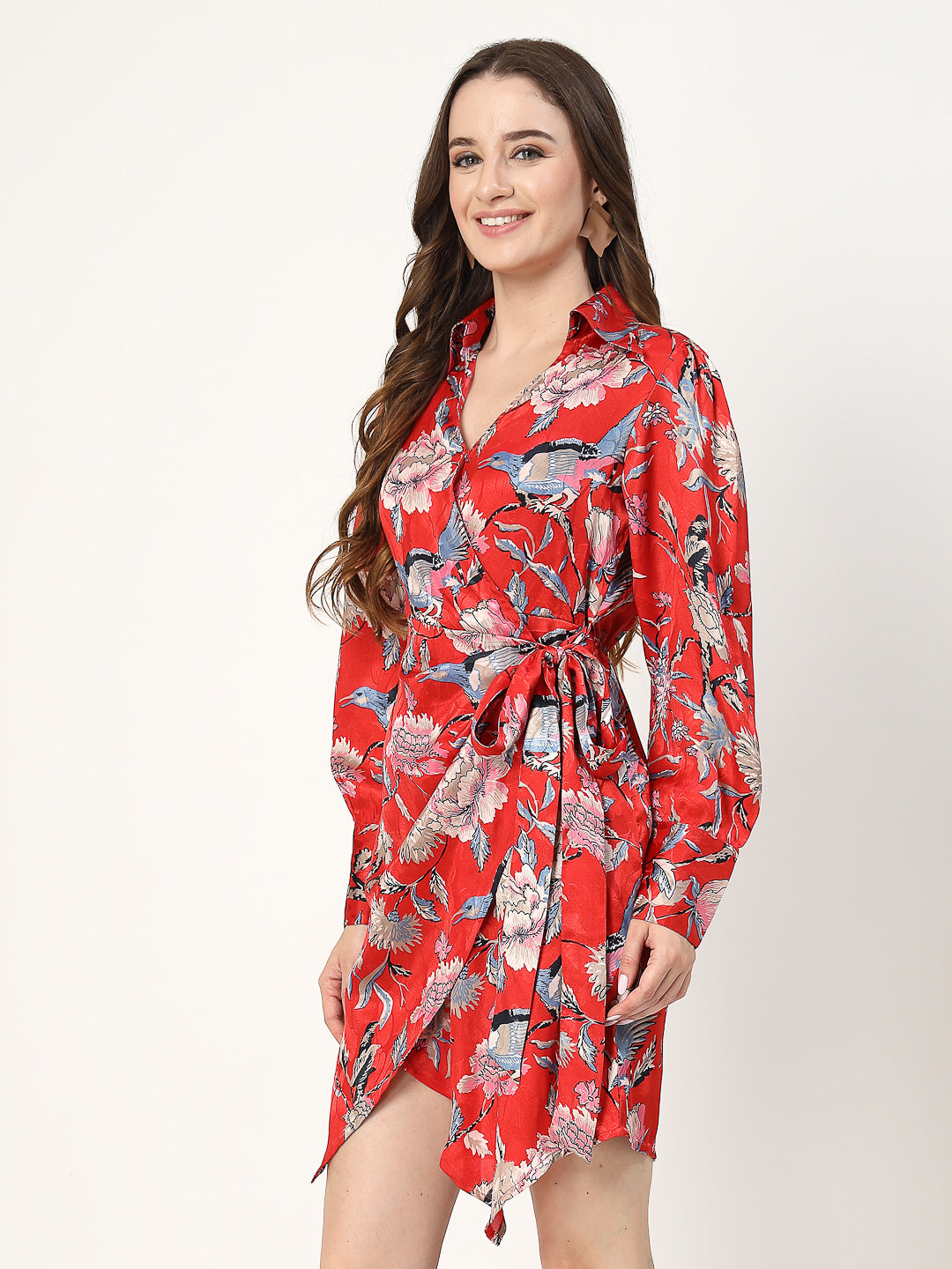 Red Floral Long Sleeve Wrap Dress - Cosmic Trio
