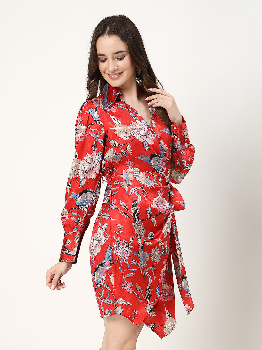 Red Floral Long Sleeve Wrap Dress - Cosmic Trio