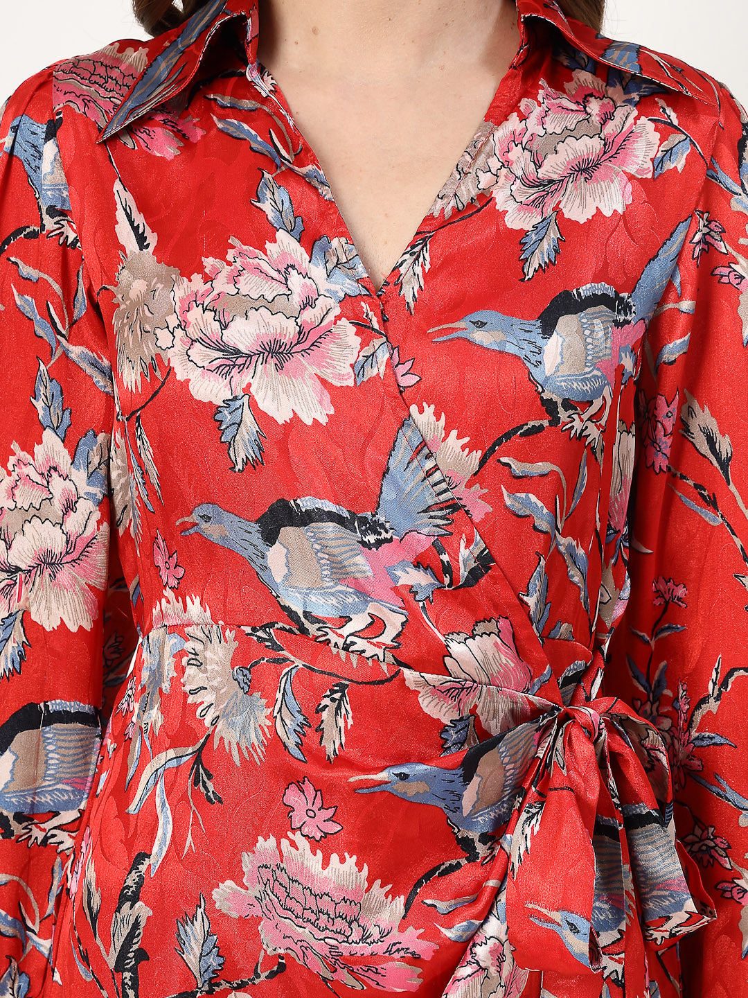 Red Floral Long Sleeve Wrap Dress - Cosmic Trio