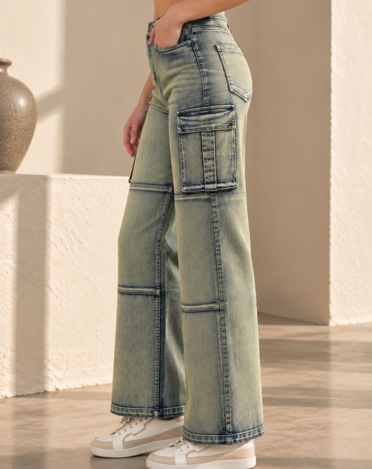 Women’s Washed Sage Green Mid-Rise Straight Fit Cargo Jeans