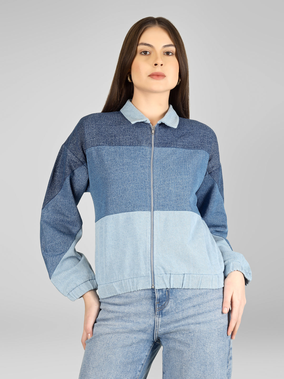 Women Colorblock Denim Jacket with Front Zip Closure | Casual Oversized Blue Jacket