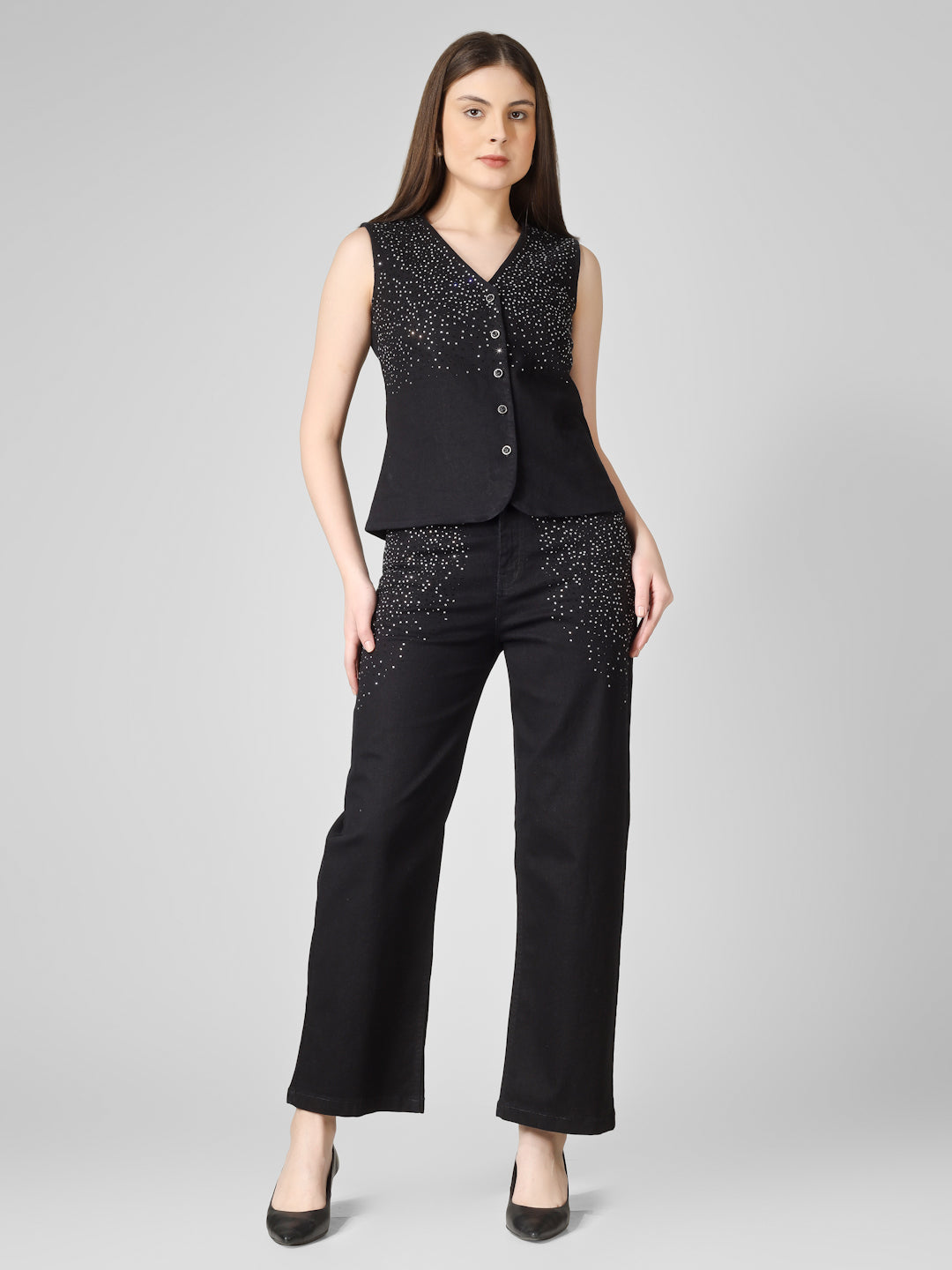 Women’s Black Embellished Sleeveless Denim Co-ord Set