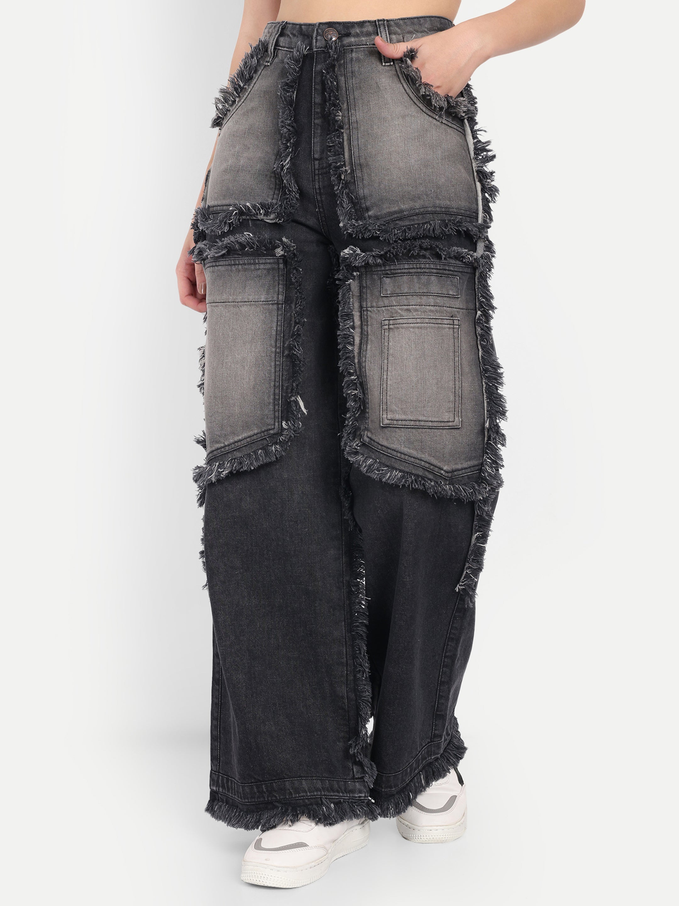 Grey Wide Leg Cargo Jeans for Women – Denim Party Wear