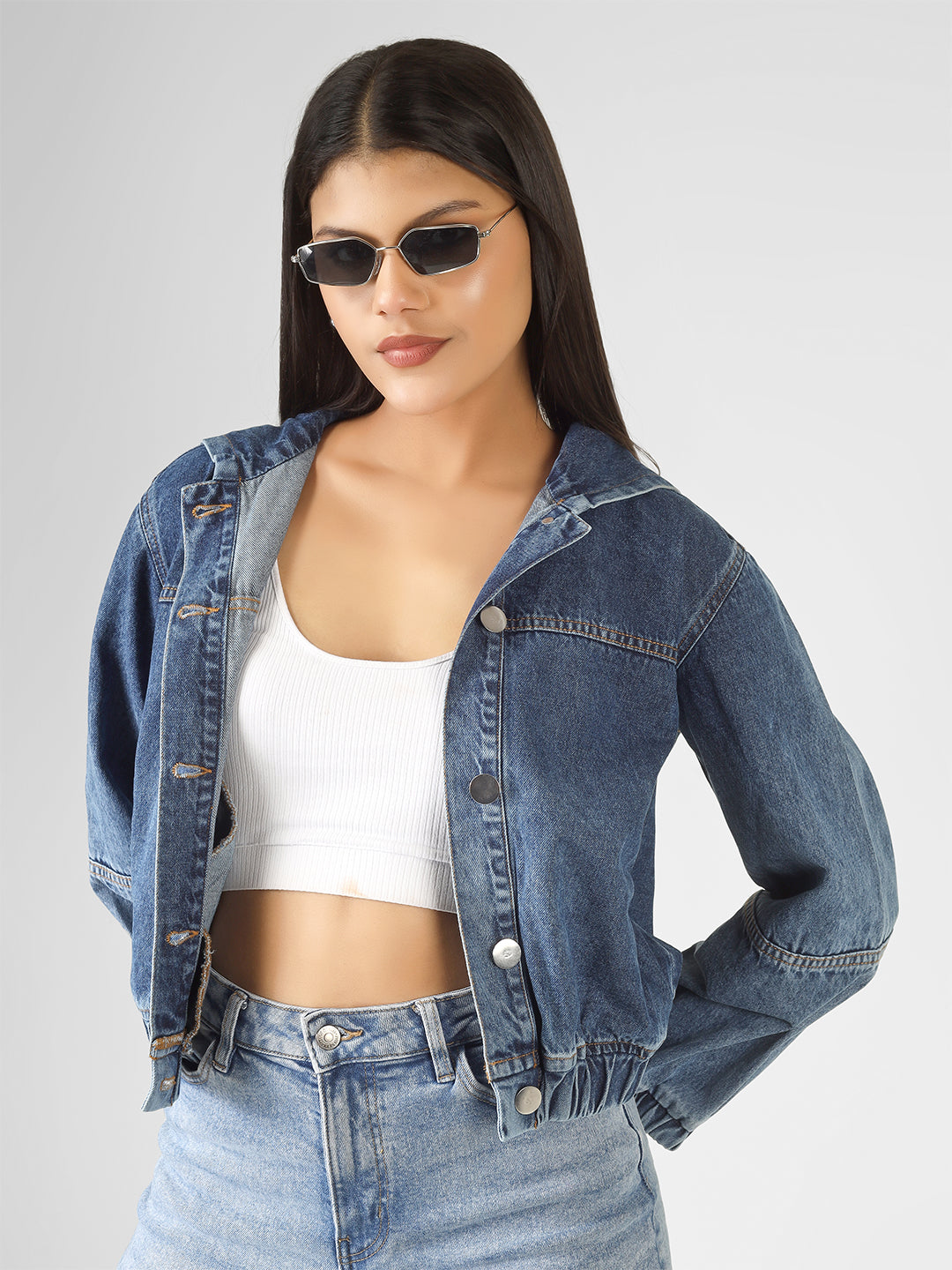 Blue Cotton Lycra Relaxed Loose Fit Hoodie Jacket Women