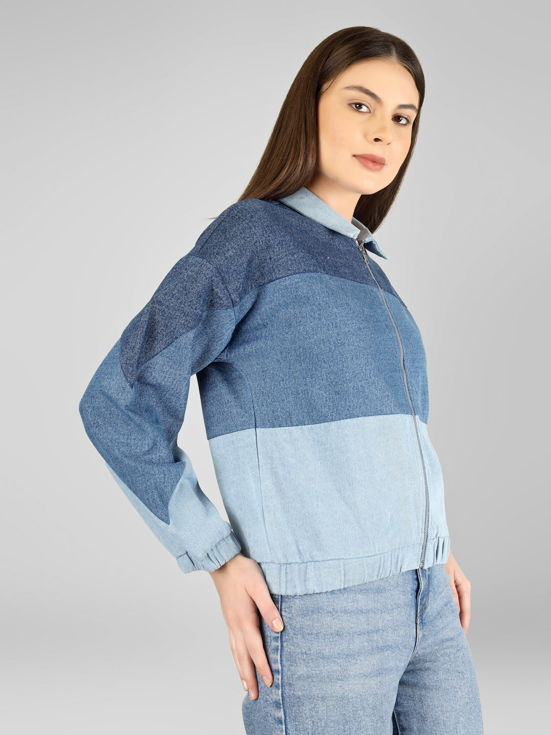 Women Colorblock Casual Oversized Blue Denim Jacket