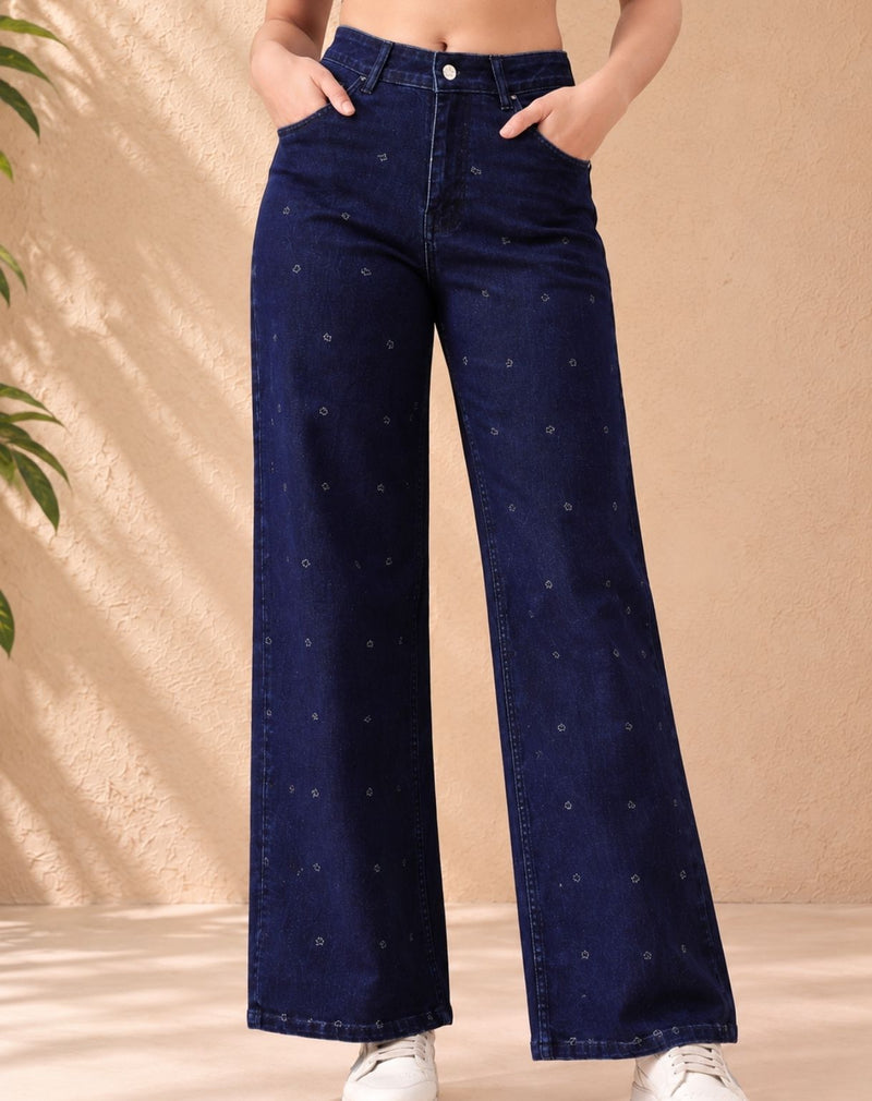 Women Blue Mid-Rise Straight Mid Embroidered Jeans