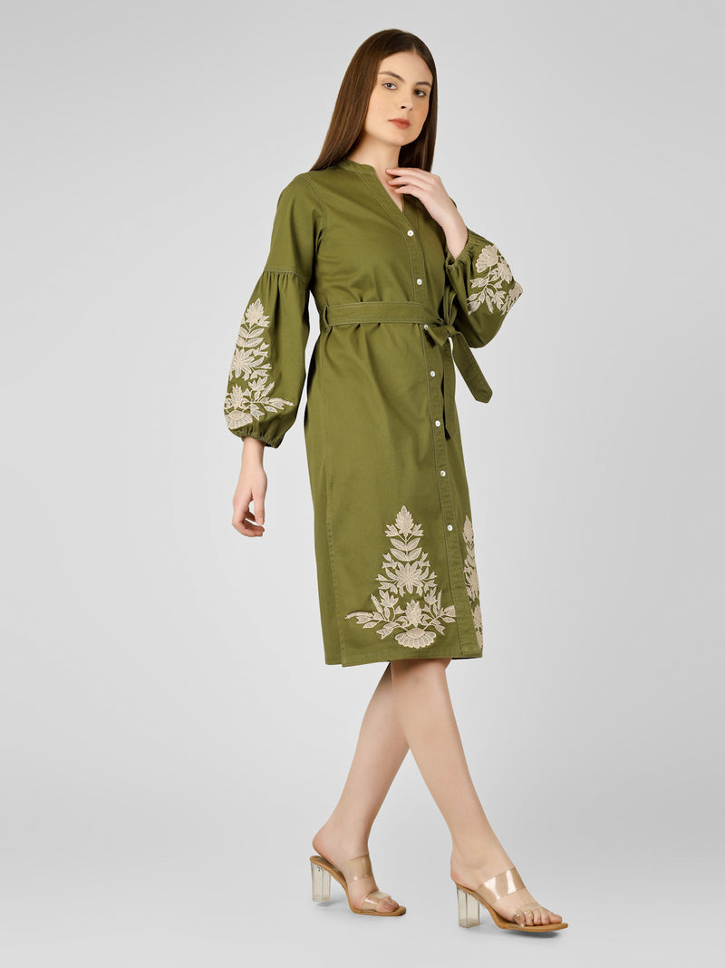 Green Cotton Lycra A-Line Dress for Women