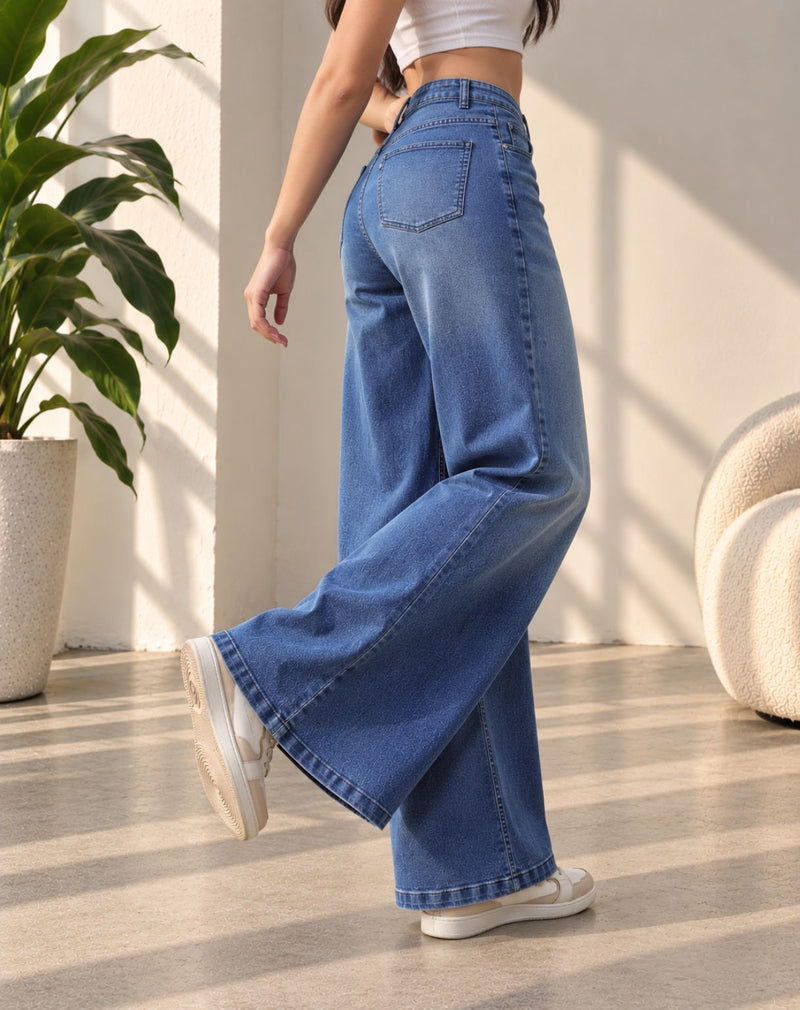 Women’s Light Blue Mid-Rise Wide-Leg Whisker Jeans