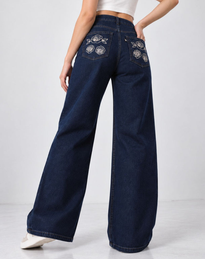 Women’s Blue Mid-Rise Straight Fit Jeans with Floral Embroidered Pockets