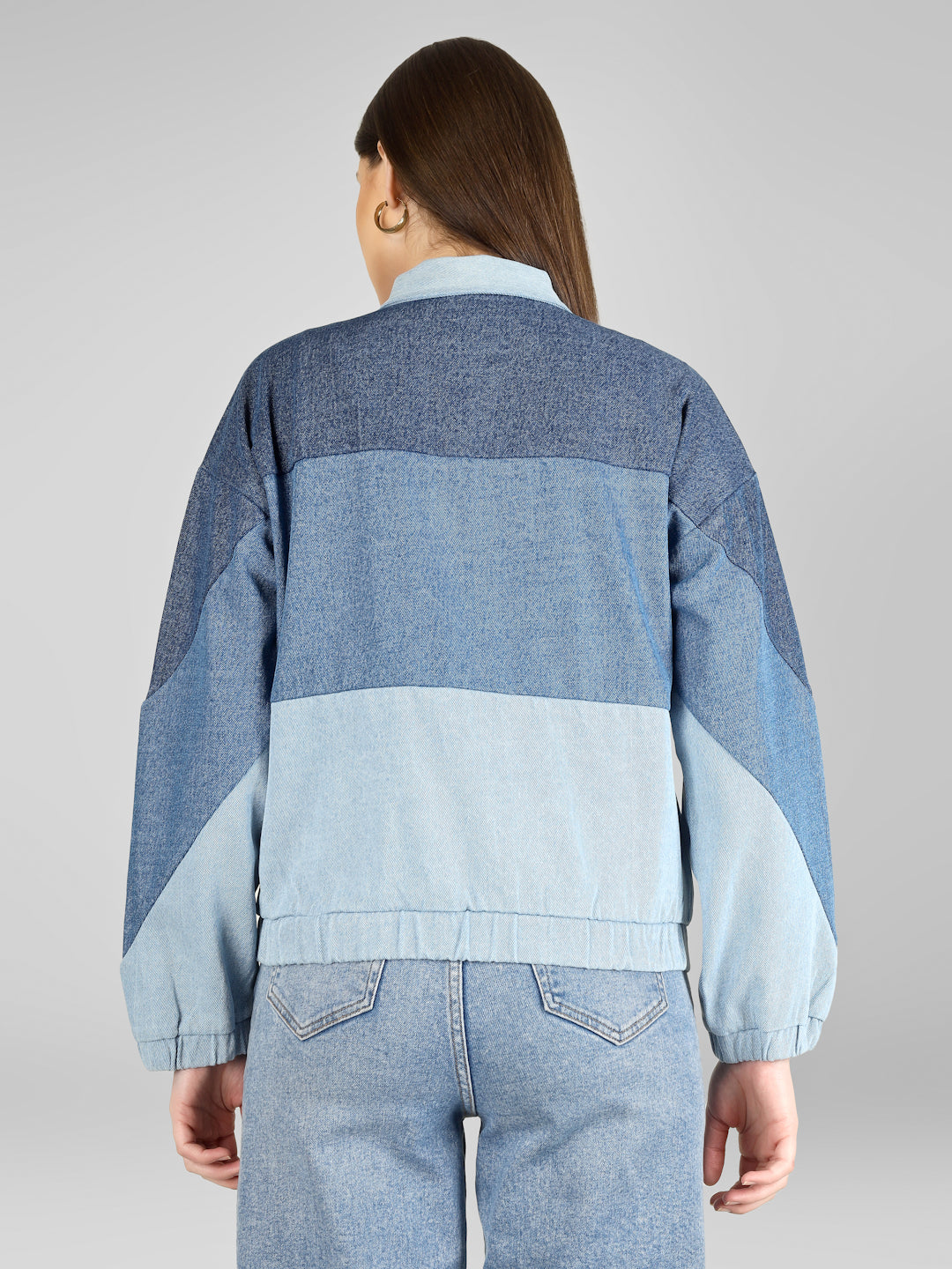 Women Colorblock Casual Oversized Blue Denim Jacket