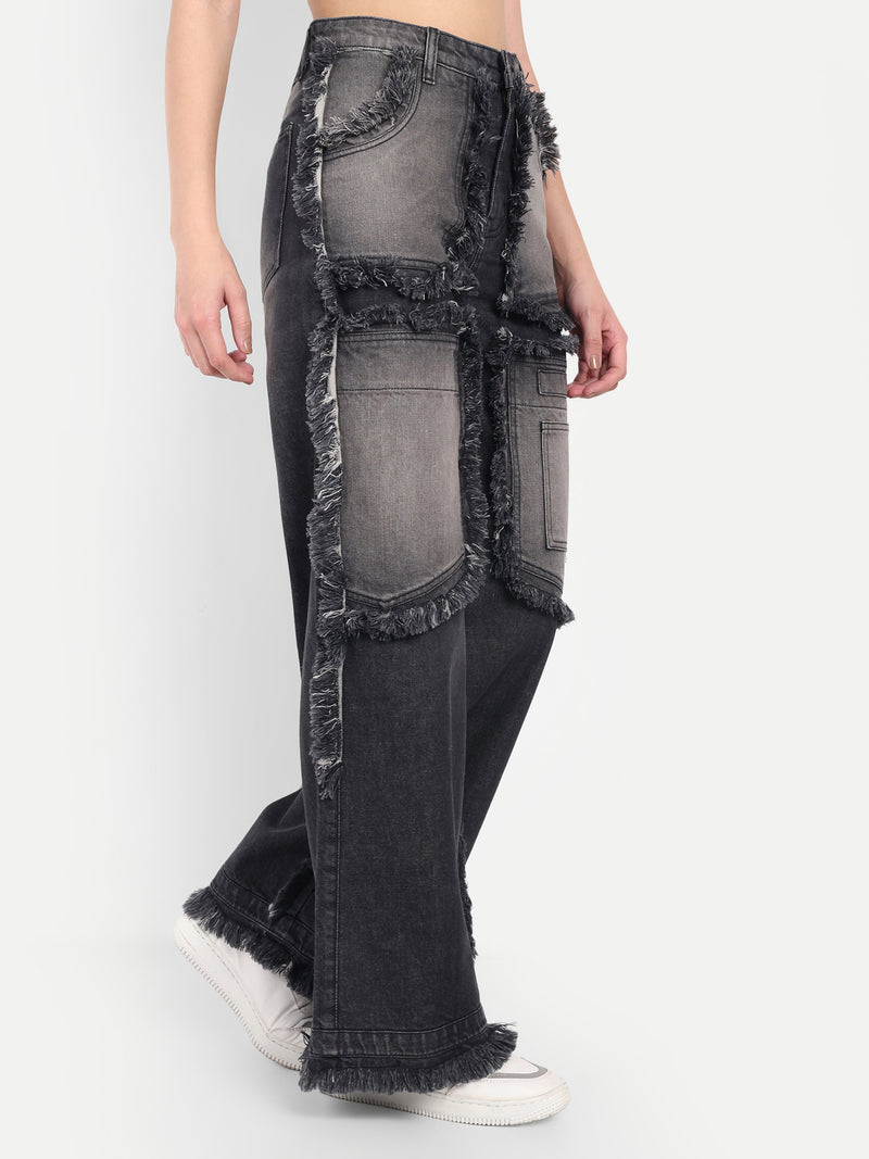 Grey Wide Leg Cargo Jeans for Women – Denim Party Wear