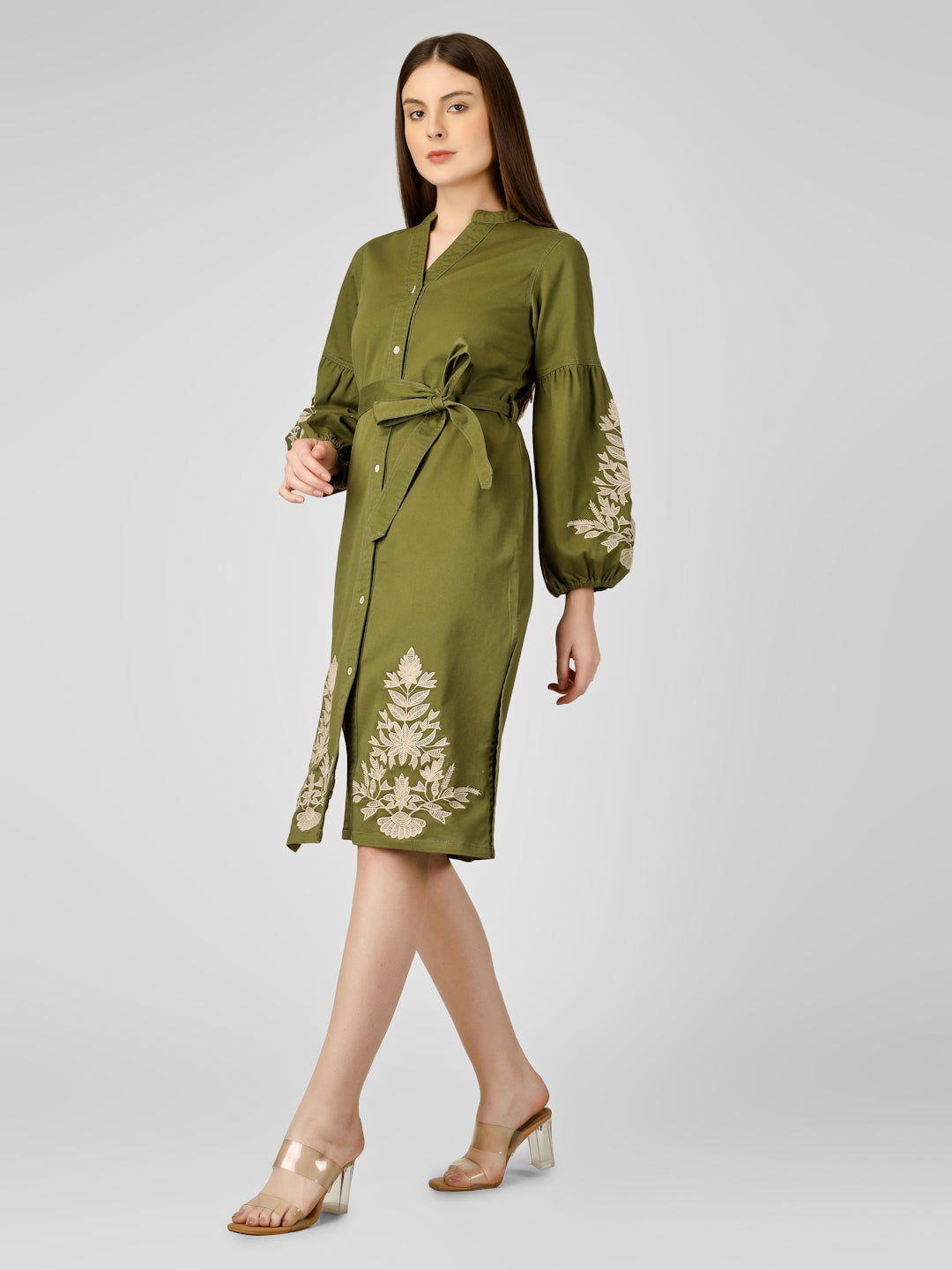 Green Cotton Lycra A-Line Dress for Women