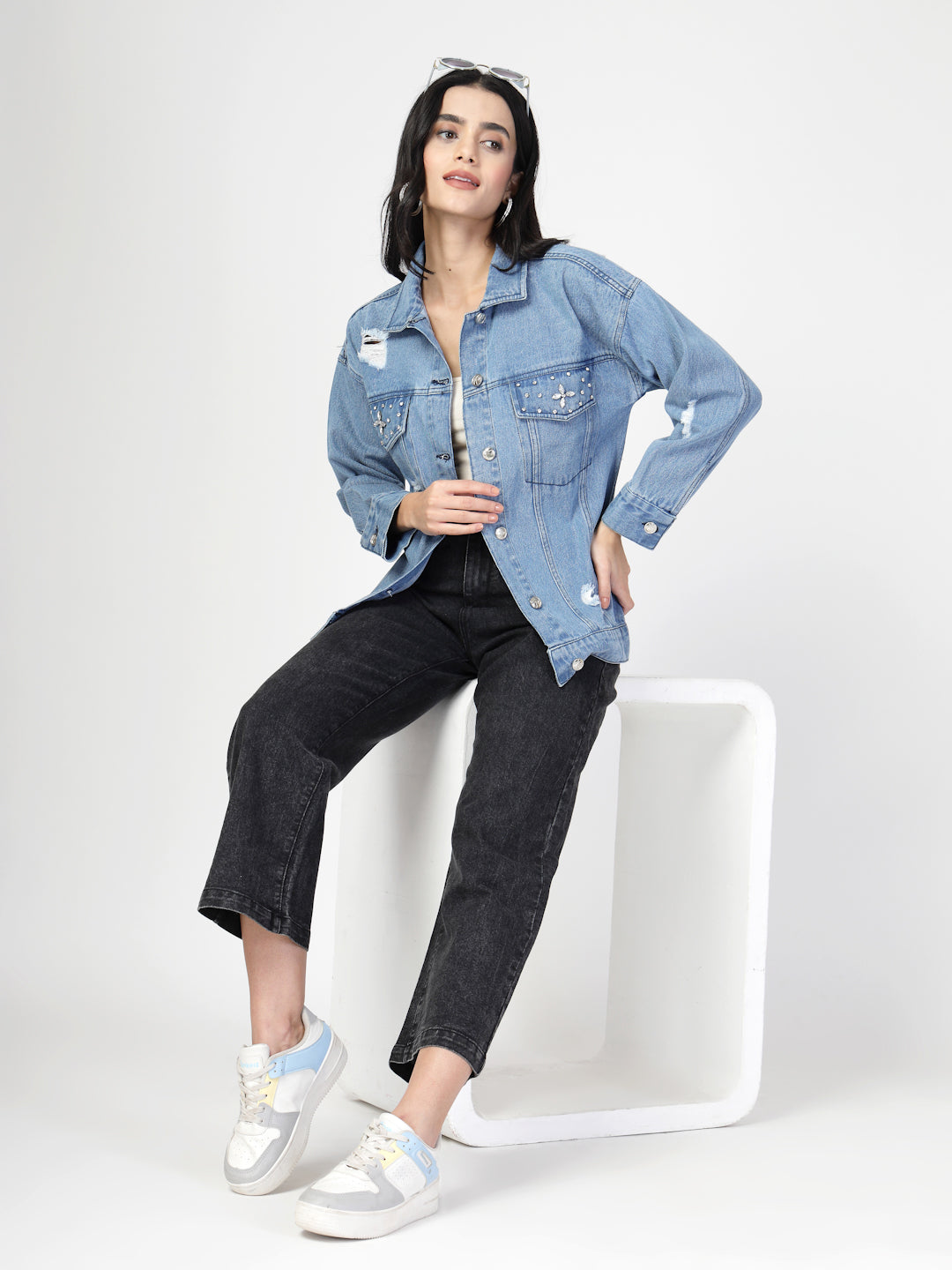 Lightweight Distress Denim Jacket with Stone Work - Cosmic Trio