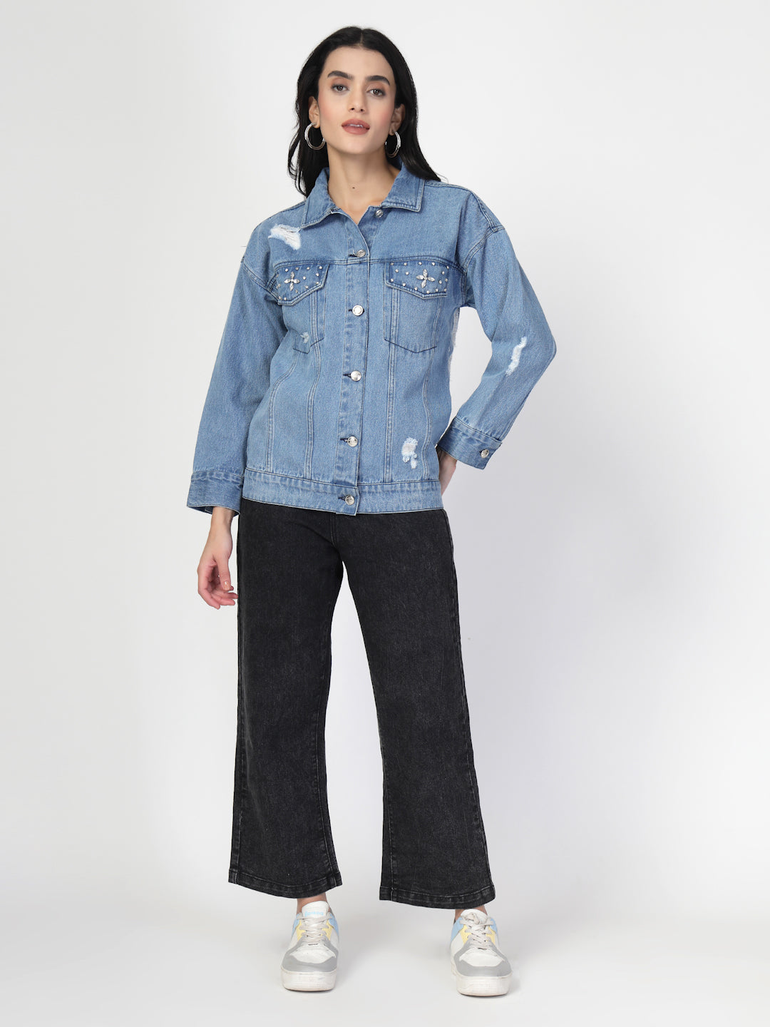 Lightweight Distress Denim Jacket with Stone Work - Cosmic Trio