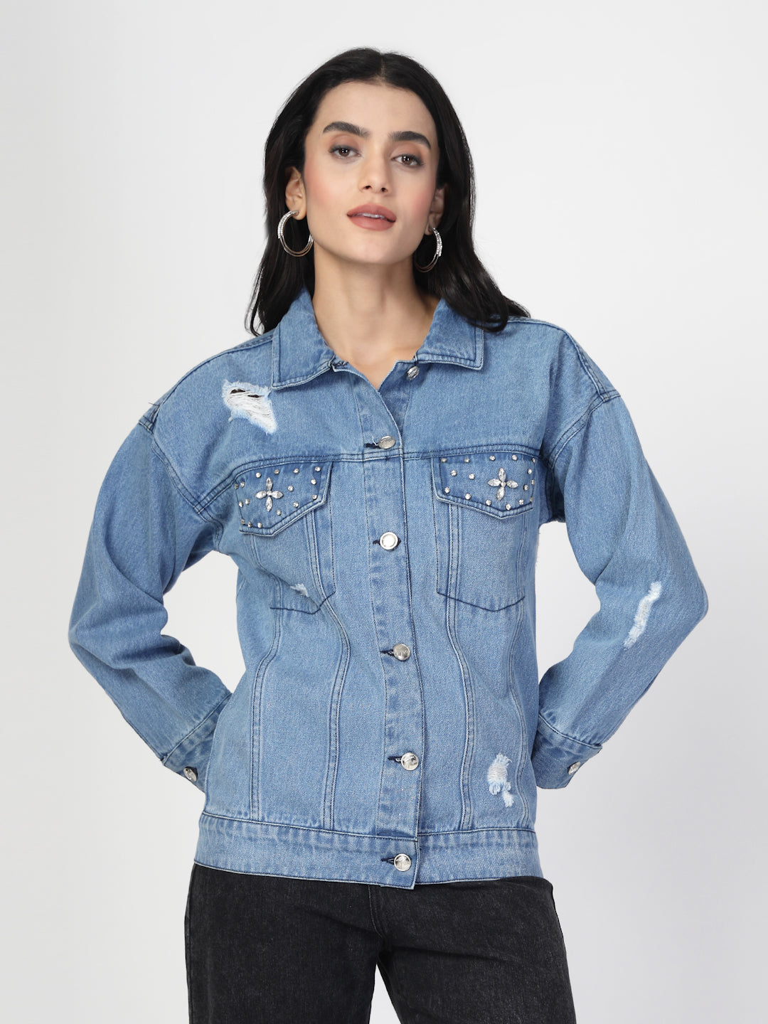Lightweight Distress Denim Jacket with Stone Work - Cosmic Trio