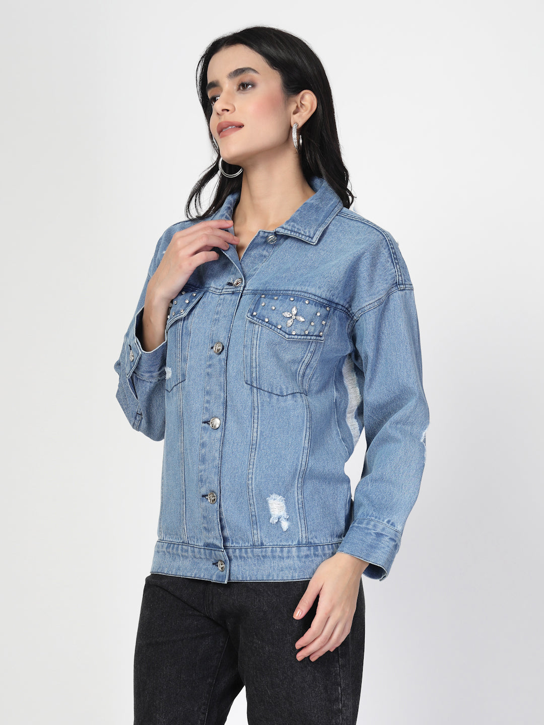 Lightweight Distress Denim Jacket with Stone Work - Cosmic Trio
