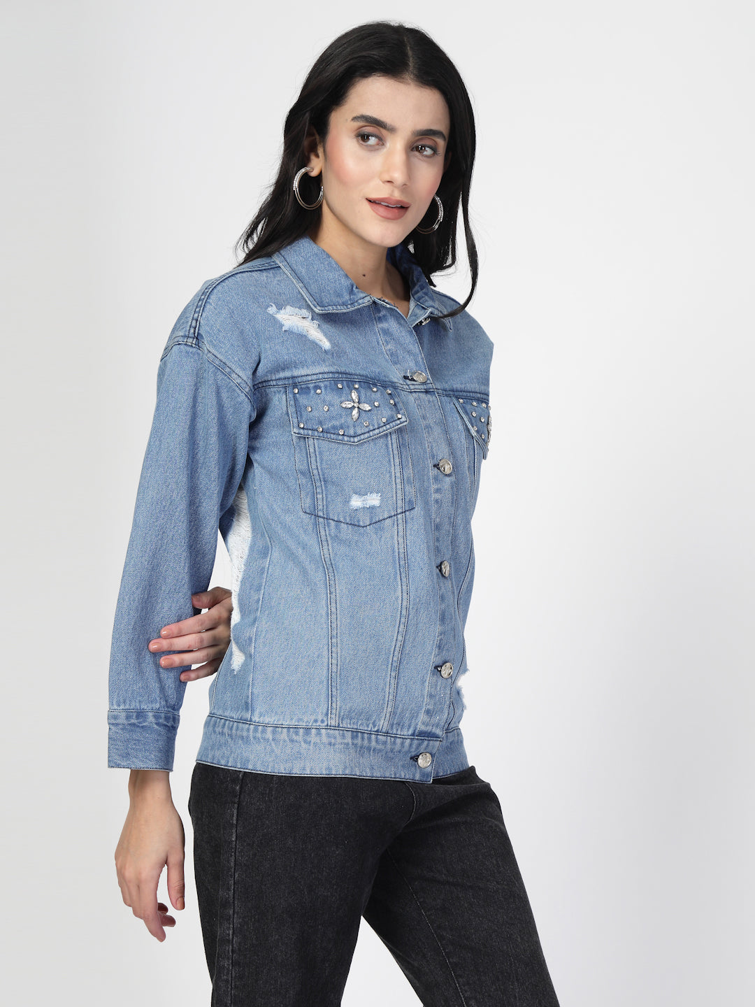 Lightweight Distress Denim Jacket with Stone Work - Cosmic Trio