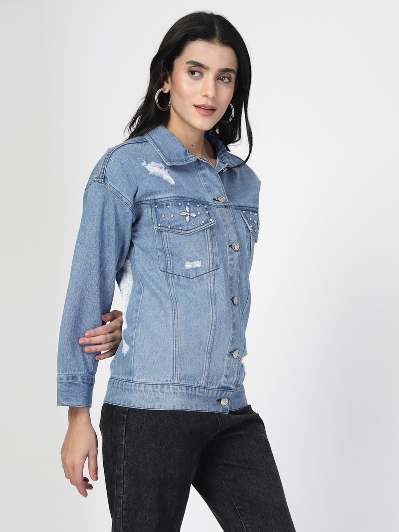 Lightweight Distress Denim Jacket with Stone Work - Cosmic Trio