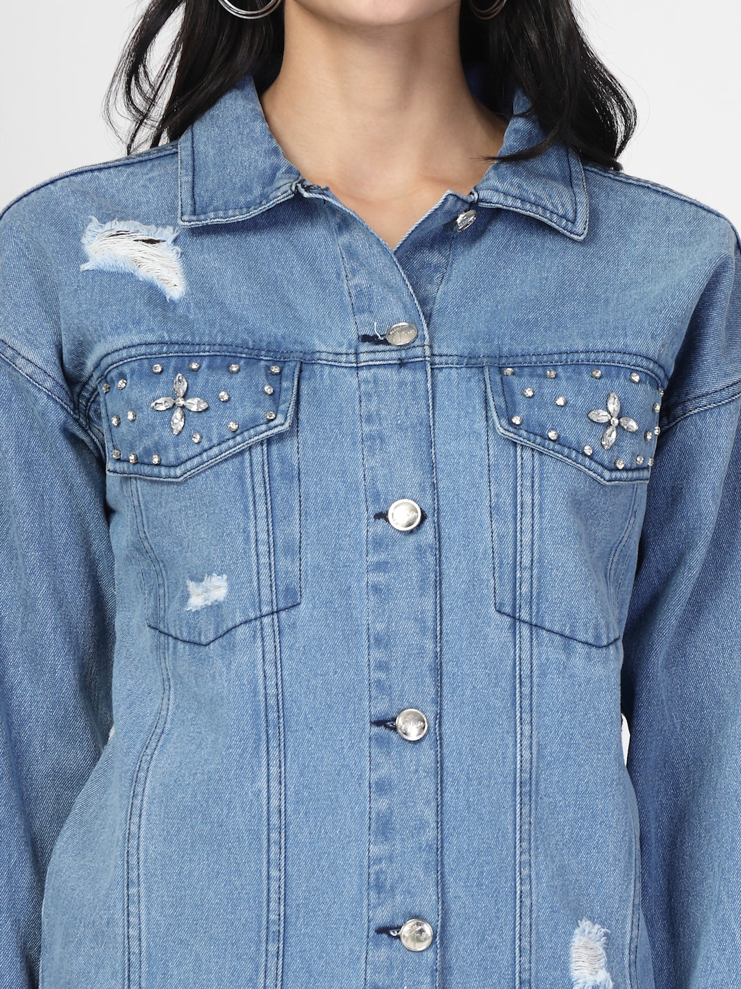 Lightweight Distress Denim Jacket with Stone Work - Cosmic Trio