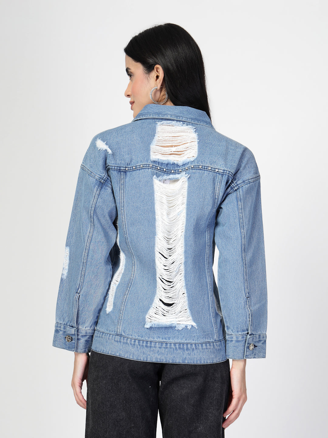 Lightweight Distress Denim Jacket with Stone Work - Cosmic Trio