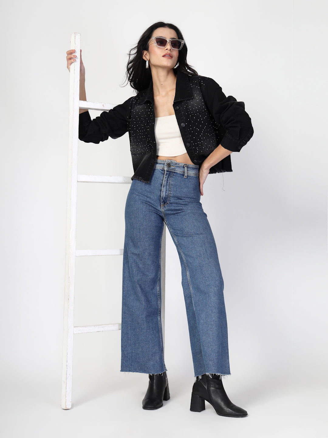 Black Denim Jacket with Stone Work - Cosmic Trio