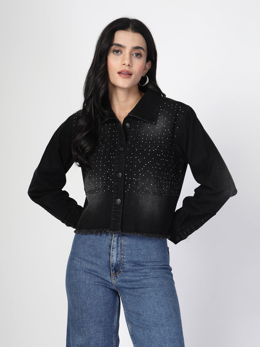 Black Denim Jacket with Stone Work - Cosmic Trio