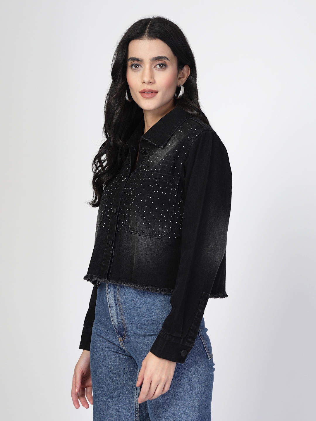 Black Denim Jacket with Stone Work - Cosmic Trio