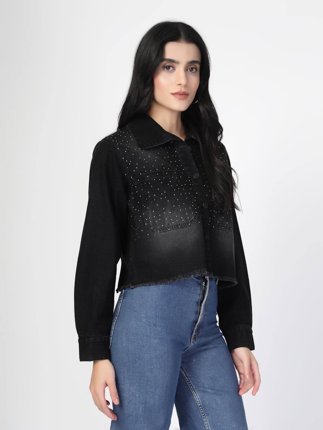 Black Denim Jacket with Stone Work - Cosmic Trio