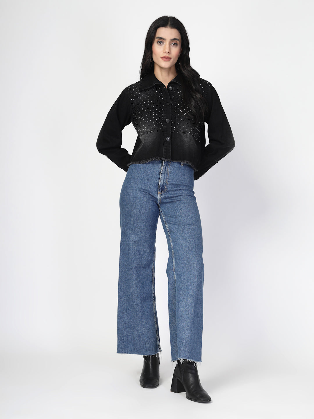 Black Denim Jacket with Stone Work - Cosmic Trio