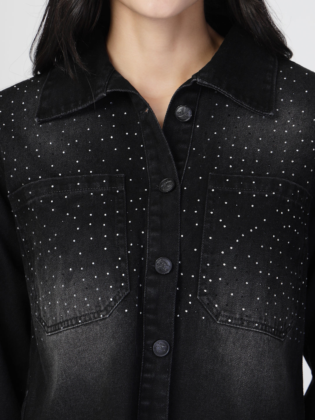 Black Denim Jacket with Stone Work - Cosmic Trio