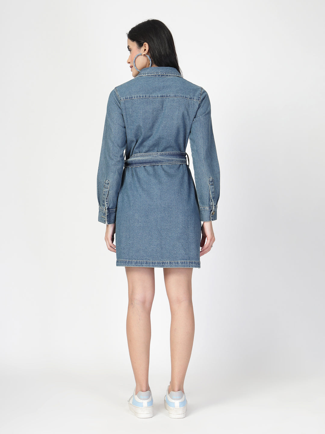 Collar Cuffed Sleeves Denim Shirt Dress with a belt - Cosmic Trio