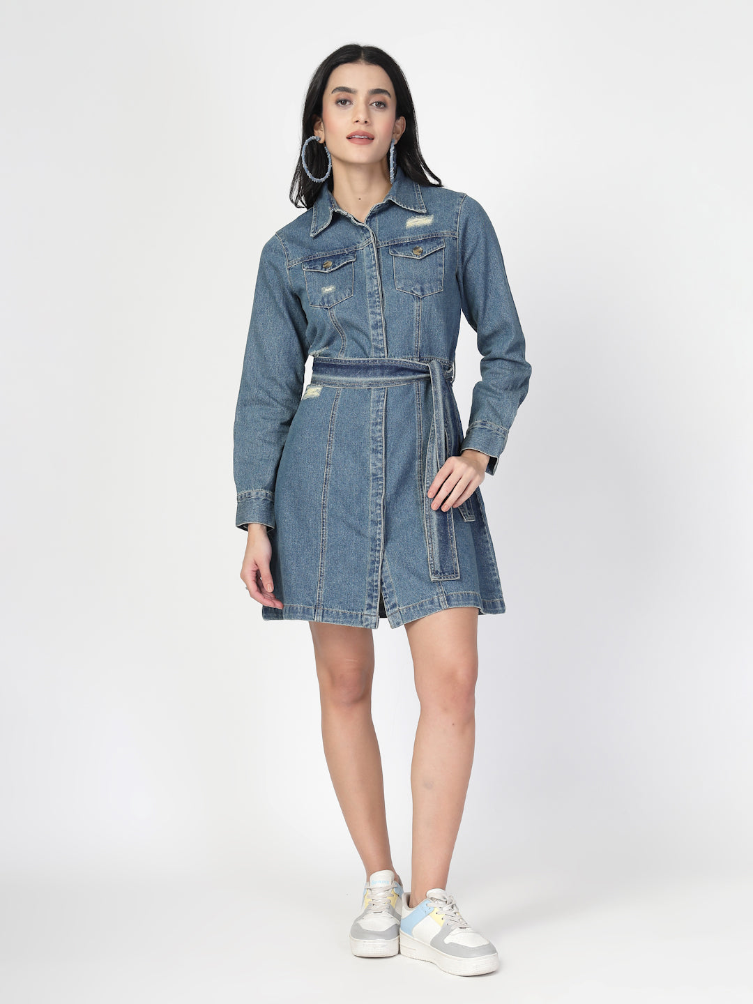 Collar Cuffed Sleeves Denim Shirt Dress with a belt - Cosmic Trio