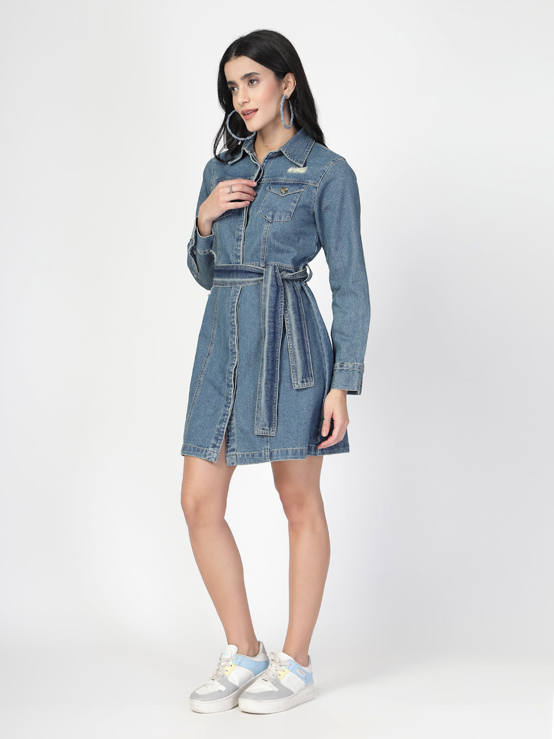 Collar Cuffed Sleeves Denim Shirt Dress with a belt - Cosmic Trio