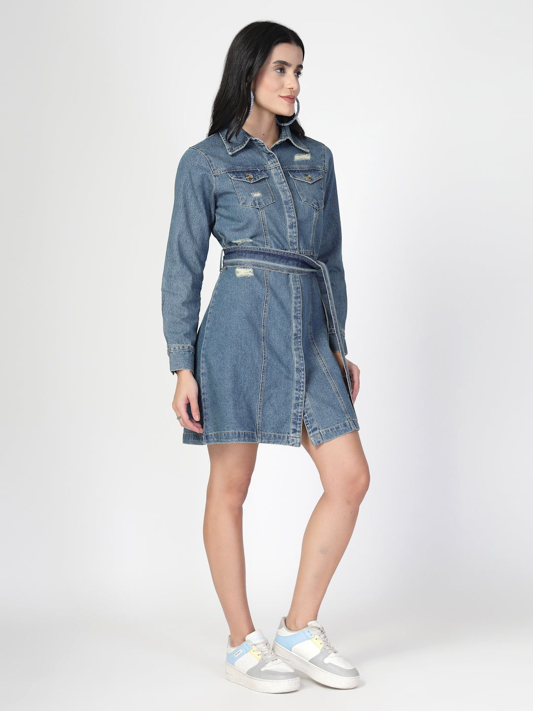 Collar Cuffed Sleeves Denim Shirt Dress with a belt - Cosmic Trio