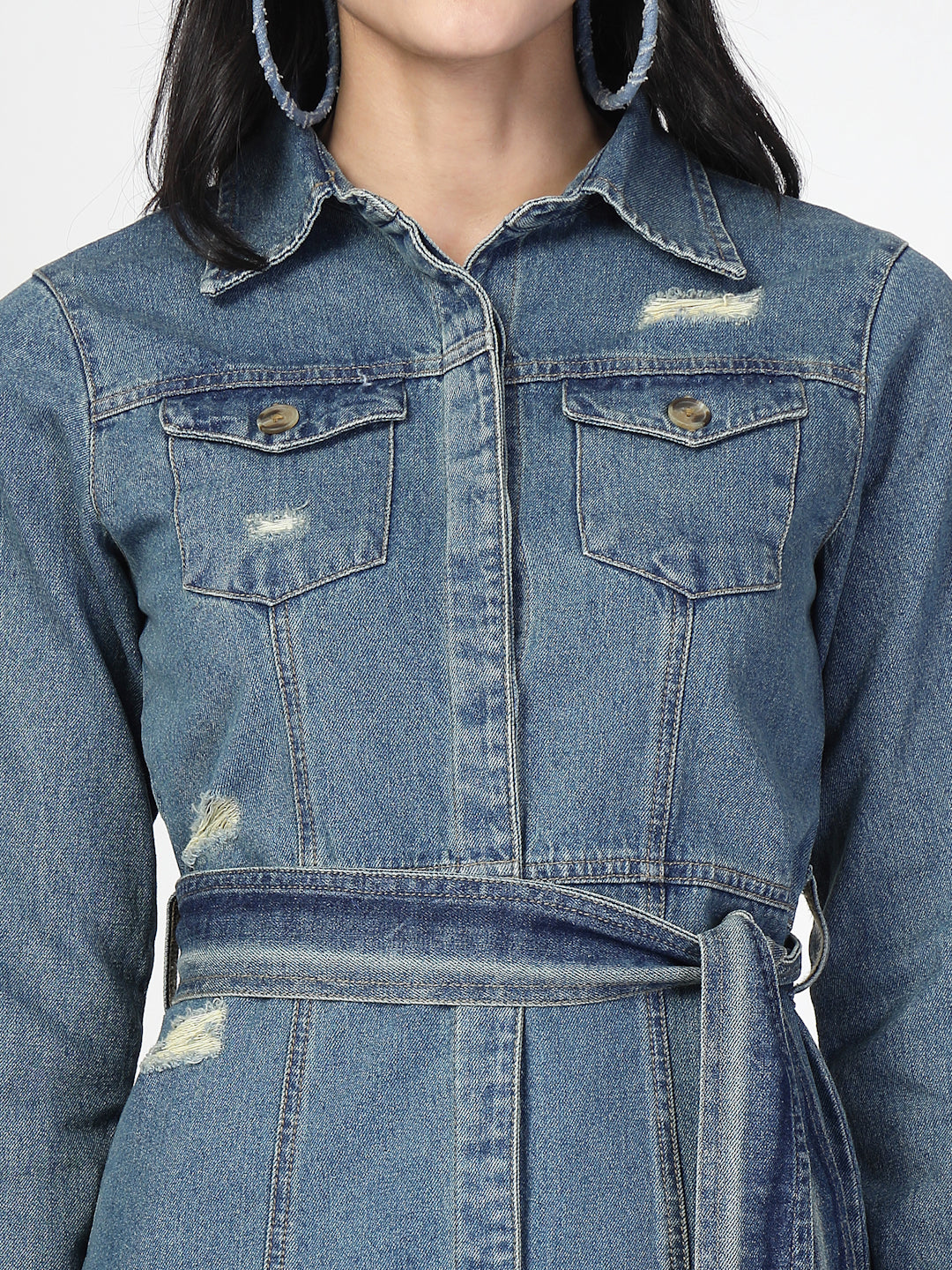 Collar Cuffed Sleeves Denim Shirt Dress with a belt - Cosmic Trio