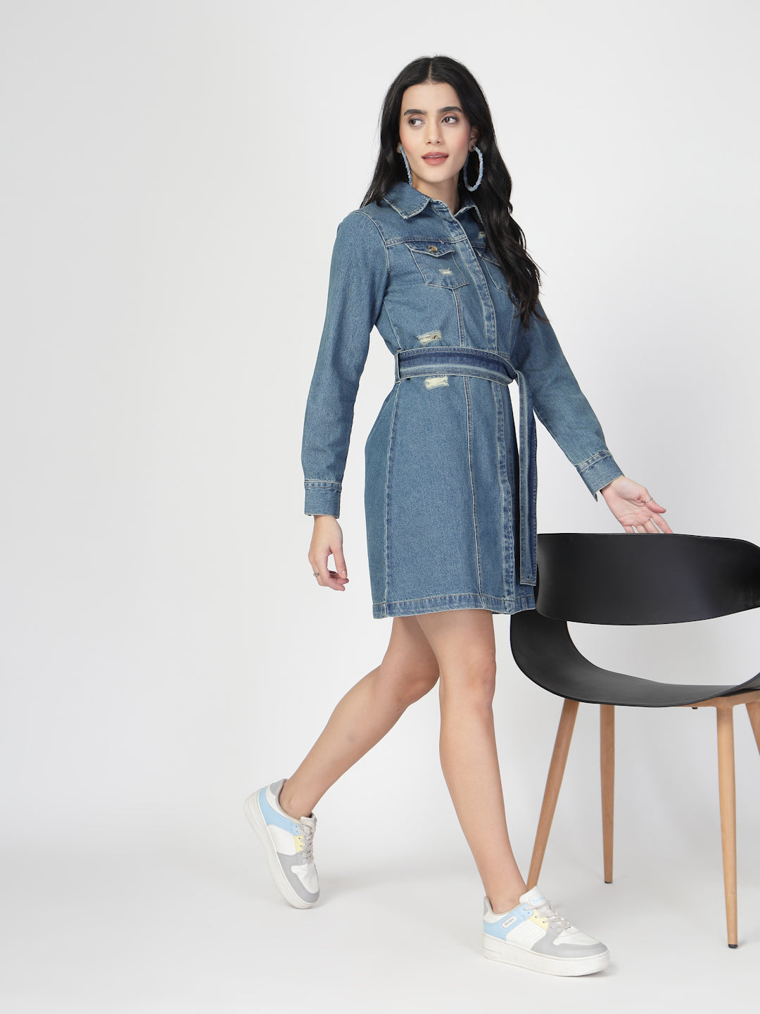 Collar Cuffed Sleeves Denim Shirt Dress with a belt - Cosmic Trio