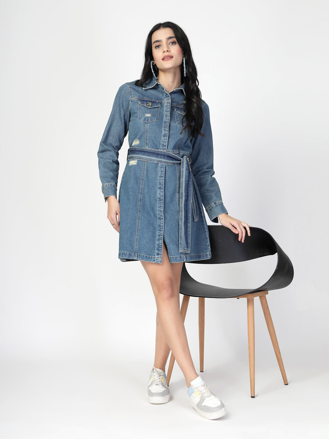 Collar Cuffed Sleeves Denim Shirt Dress with a belt - Cosmic Trio