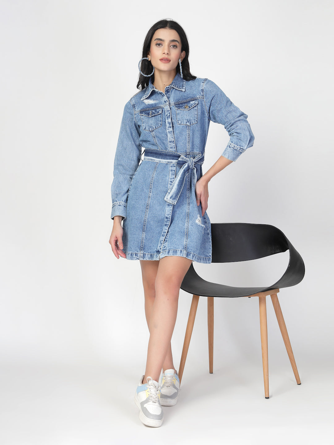 Cotton Denim Shirt Dress with Denim Belt - Cosmic Trio