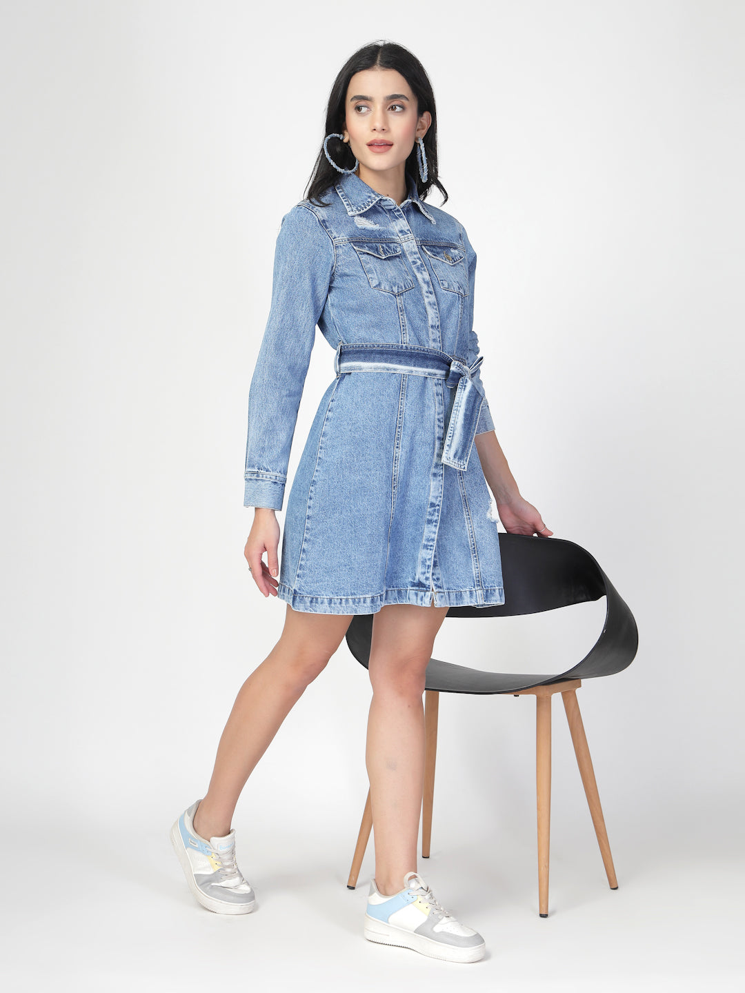 Cotton Denim Shirt Dress with Denim Belt - Cosmic Trio