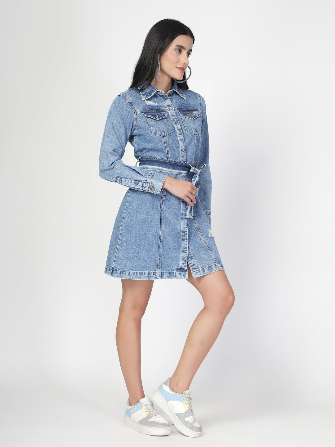 Cotton Denim Shirt Dress with Denim Belt - Cosmic Trio