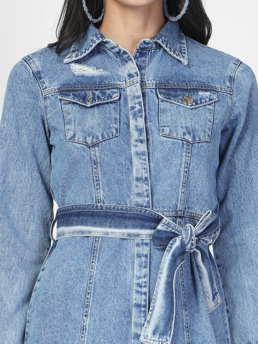 Cotton Denim Shirt Dress with Denim Belt - Cosmic Trio