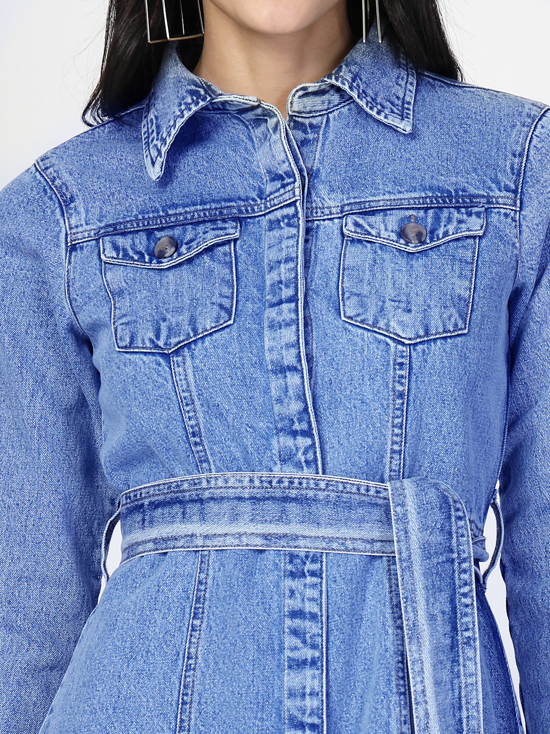 Collared Cotton Denim Shirt Dress - Cosmic Trio