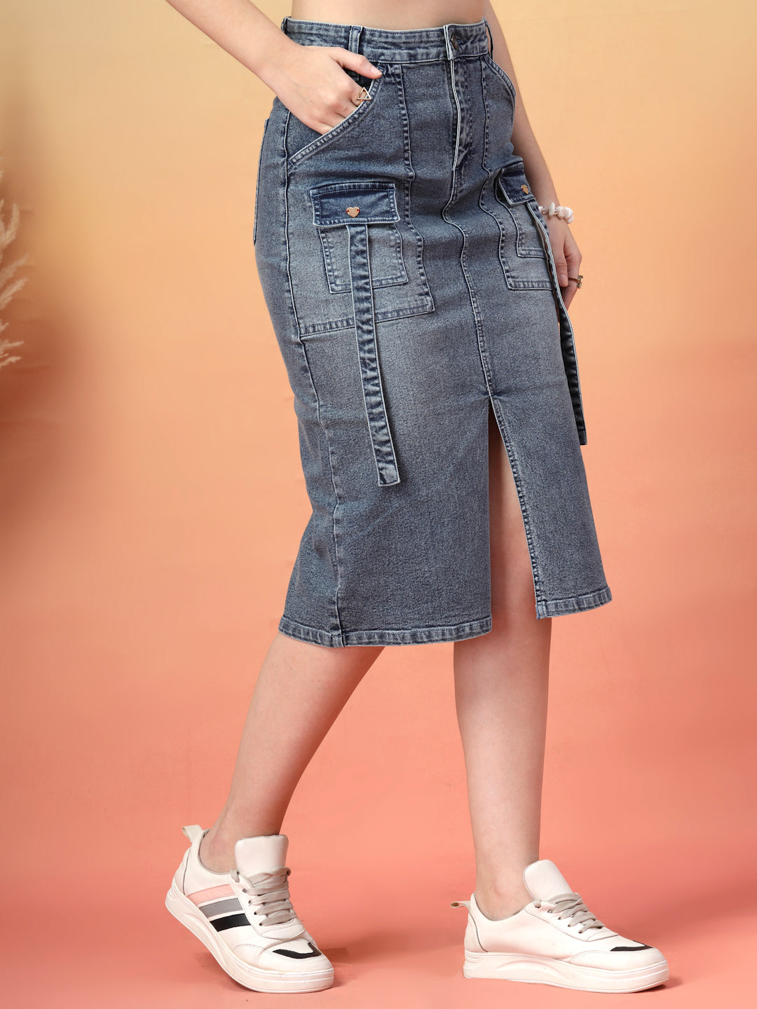 Washed Blue Utility Pocket Denim Midi Skirt
